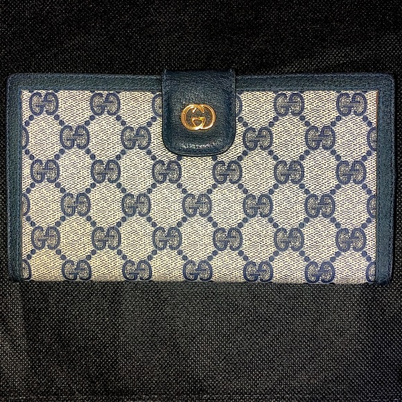 M GUCCI GG Monogram Navy Blue Leather Accent Long Bifold Wallet Vintage - Picture 17 of 17